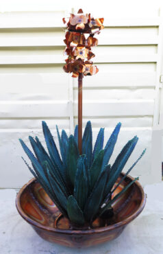 best copper water fountain, handmade, agave cactus with flowers design, 3 feet tall, with 2 foot base by Robeto since 2008 in Tucson, Arizona