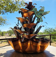 Handmade Copper Water Fountain Cattail Table Top with hummingbird and Fluted Base (18 inches tall)